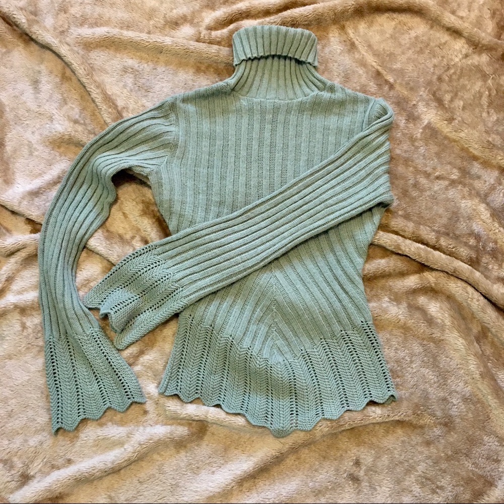 Sage Green Turtleneck Sweater - Scalloped Details